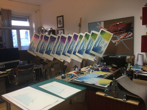 Fertige Drucke trocknen im fischwerk Atelier